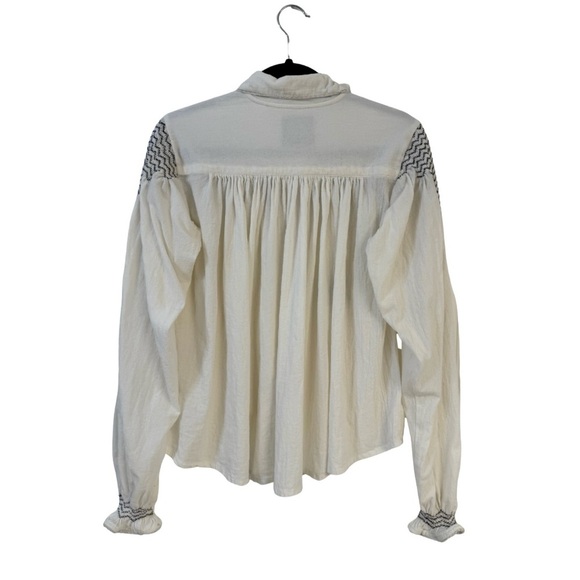 Laurence Bras Cotton Nord Blue Smocked Embroidered Blouse Small White Navy Boho - Picture 5 of 15